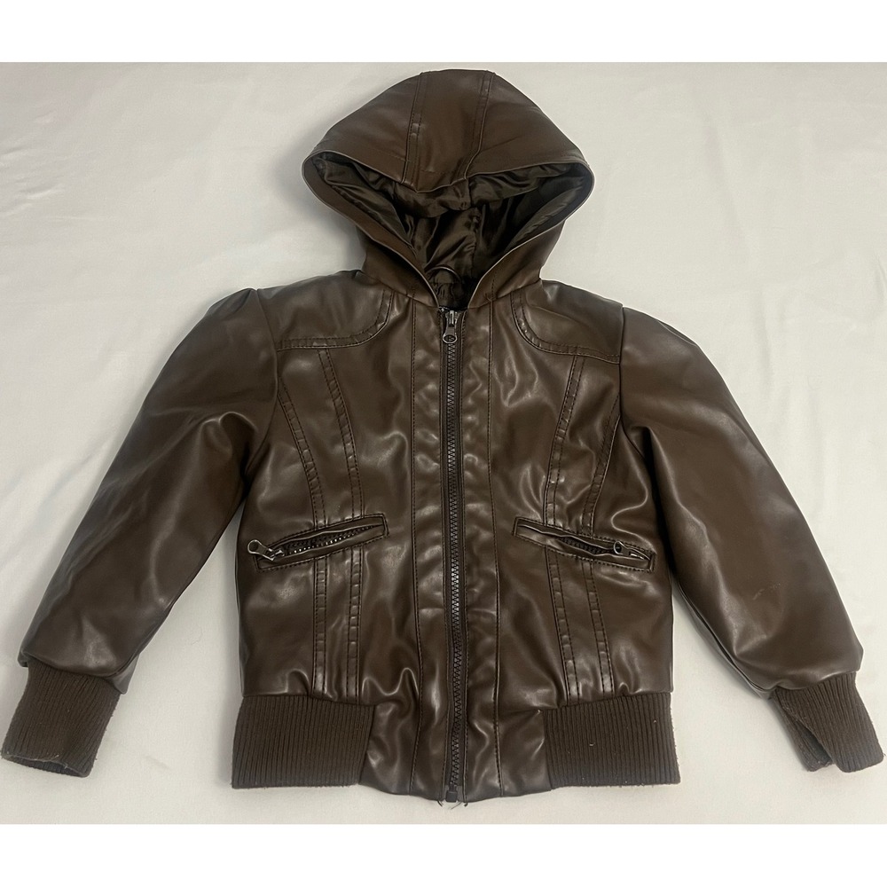 Beverly Hills Polo Club Girls 6X Brown Faux Leather Hooded Bomber Jacket Coat